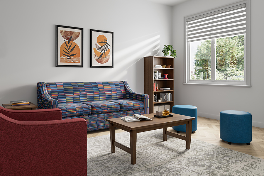 Living environment with coffe table, sofa and bookcase.