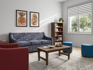Living environment with coffe table, sofa and bookcase.